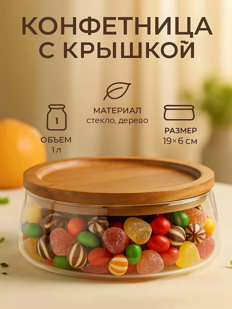 Конфетница стеклянная с крышкой 1 л, 19×6 см