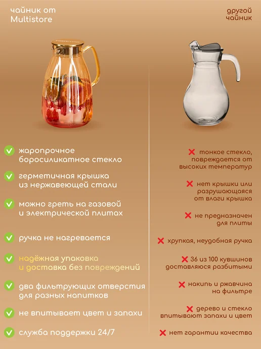 MULTISTORE Кувшин для воды стеклянный с крышкой 1300 мл, 2,4 л, фото 5