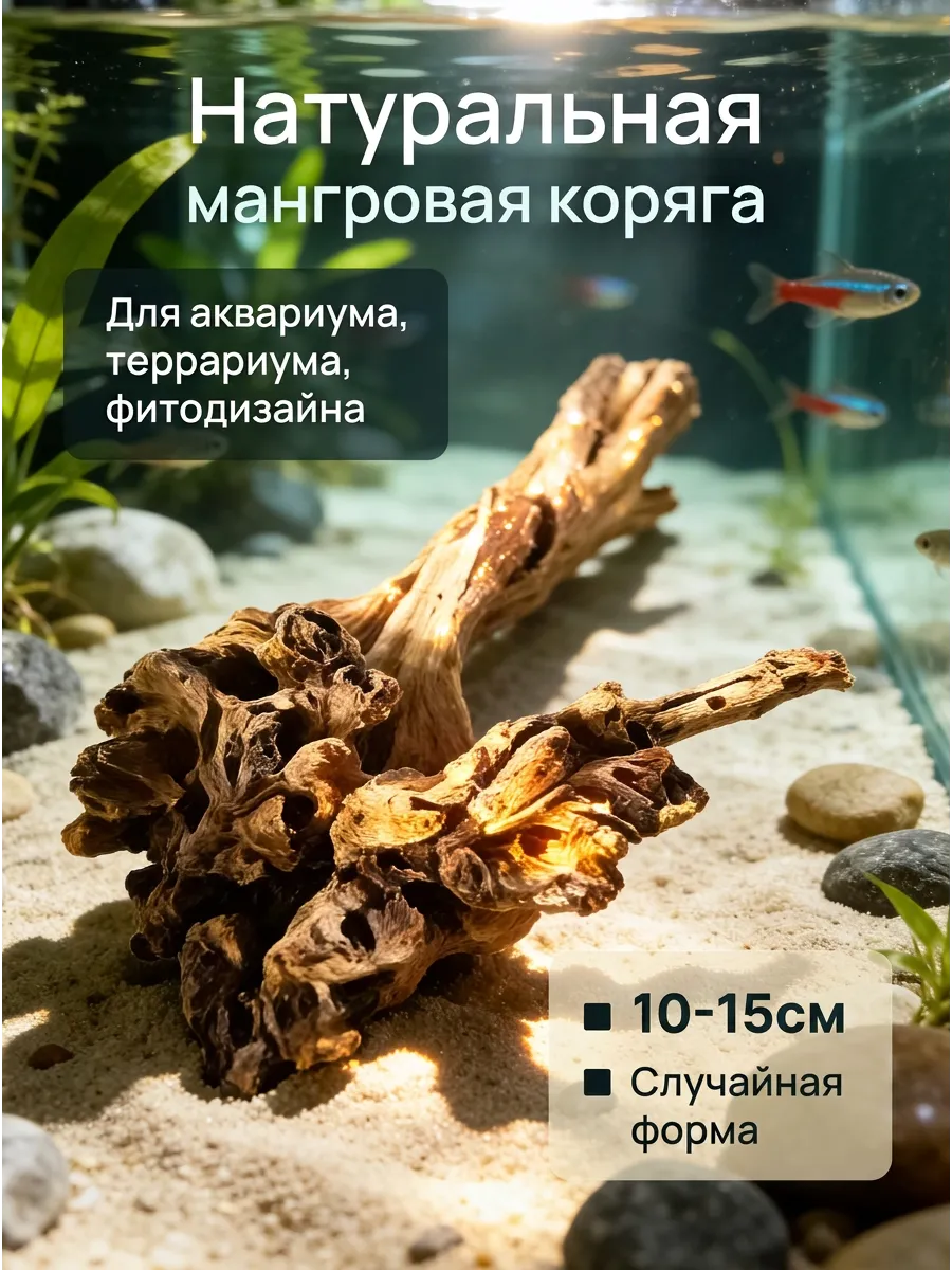 Мангровая коряга натуральная 10-15 см, 1 шт