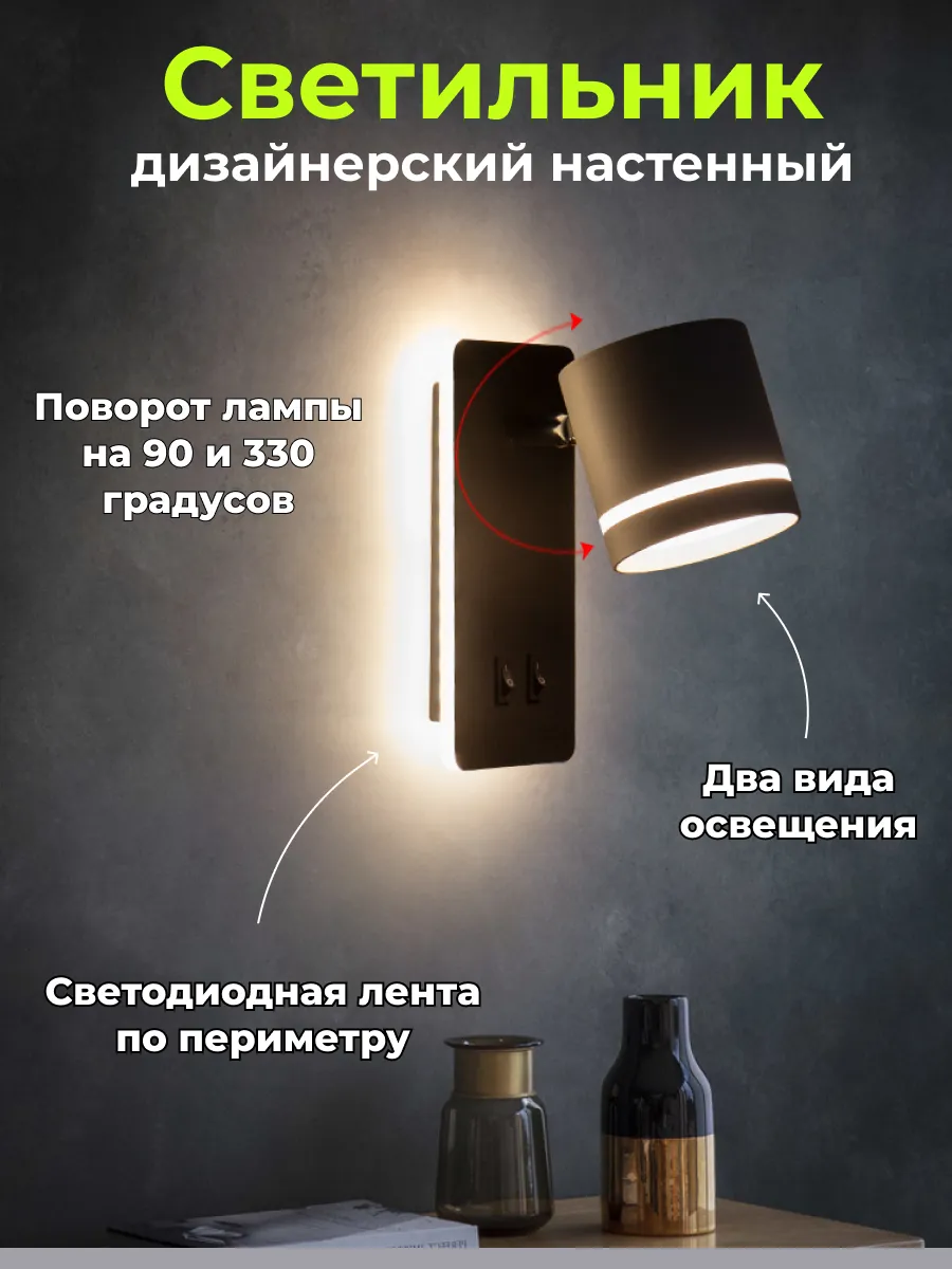 Светильник бра настенный поворотный светодиодный черный