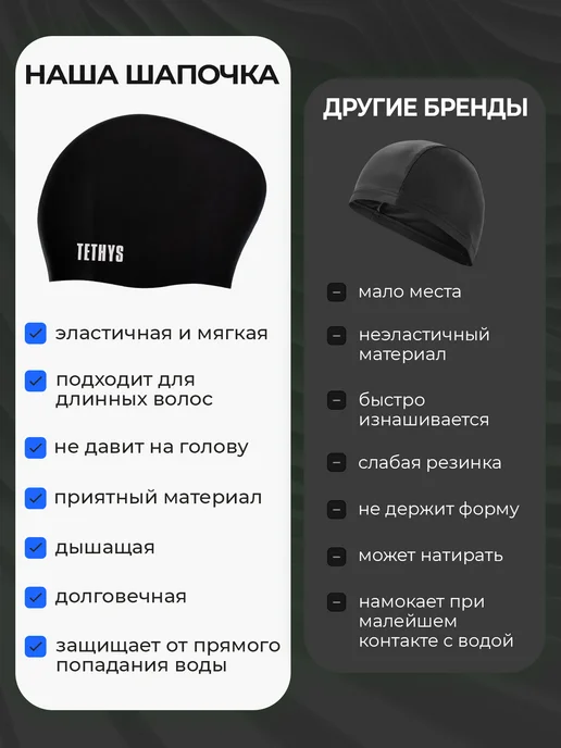 Tethys Шапочка для плавания, для бассейна, черный, фото 5