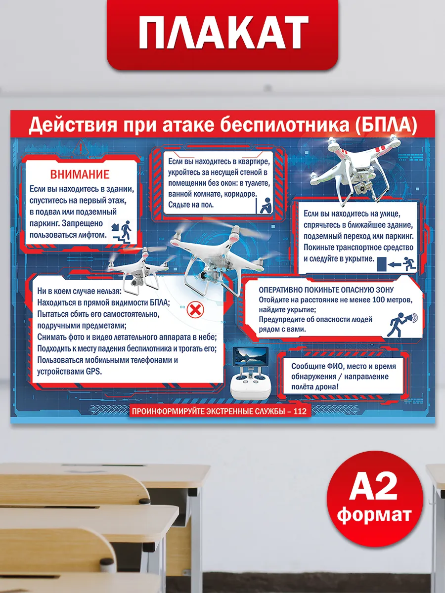 Обучающий плакат Действия при атаке БПЛА ОБЖ А2