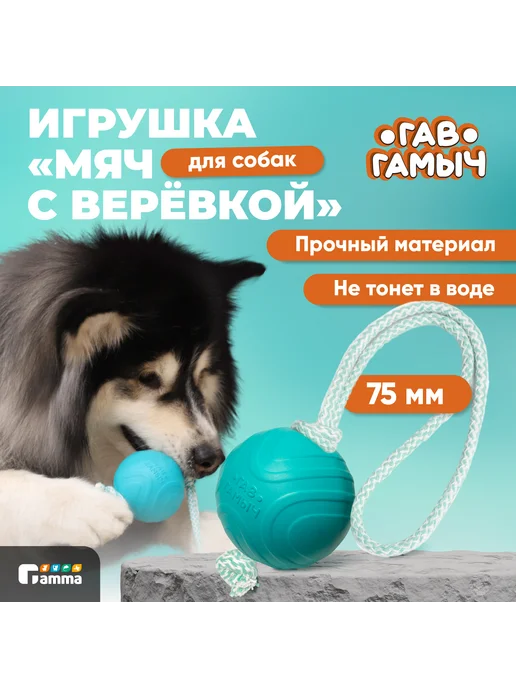 GAMMA Игрушка для собак ГАВ ГАМЫЧ Мячик с веревкой, 7, 5 см, зеленый