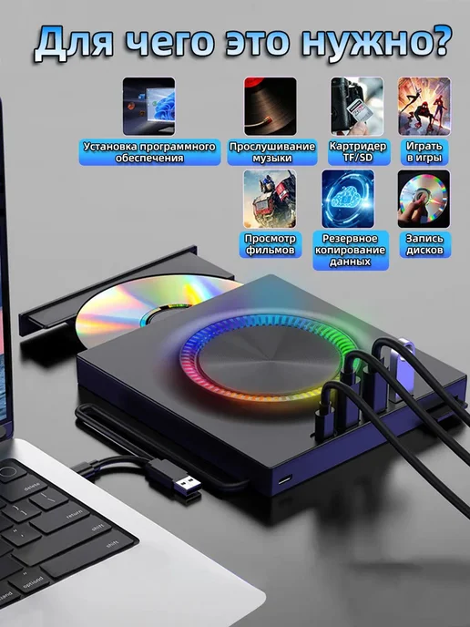 Внешний дисковод для ноутбука DVD CD RW оптический привод, вариант, фото 5