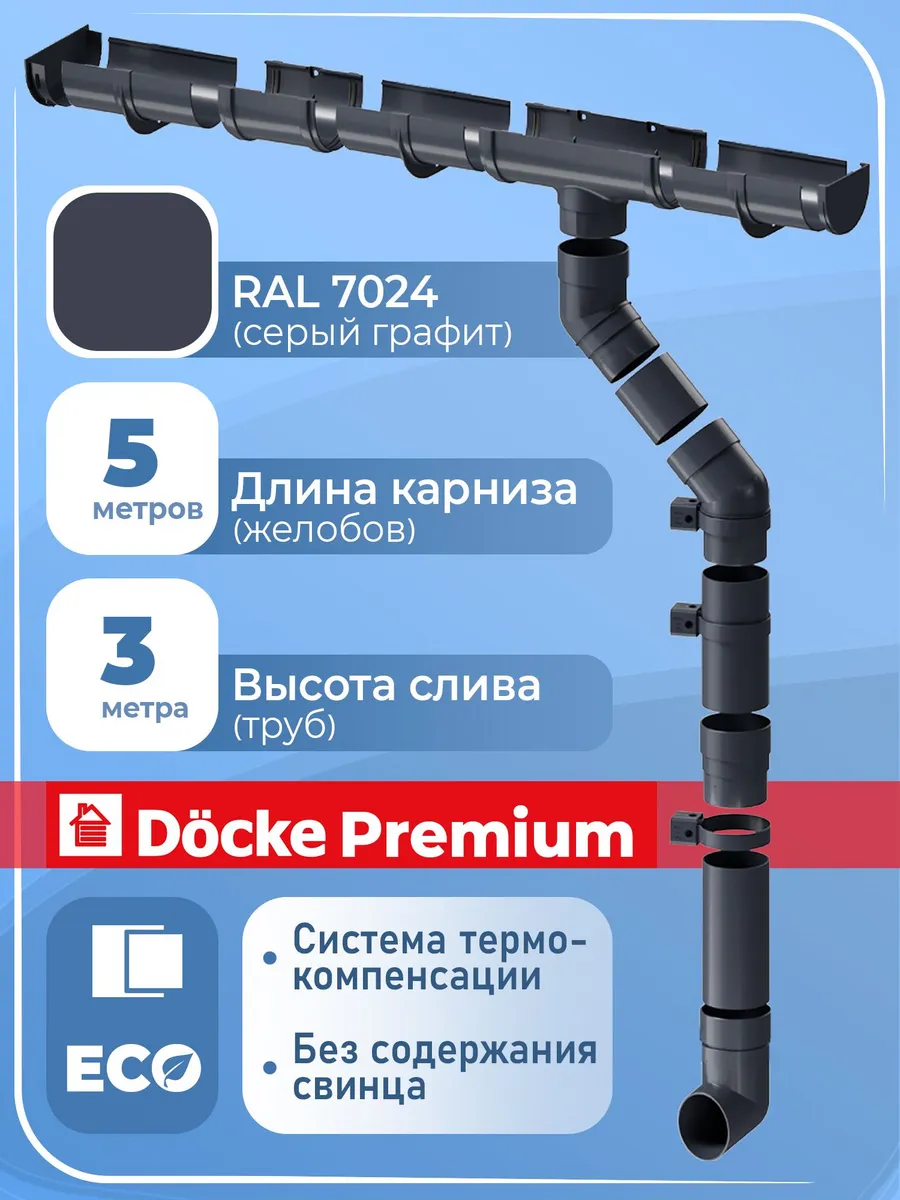 Комплект водосток 5 м (серый RAL 7024) система ПВХ