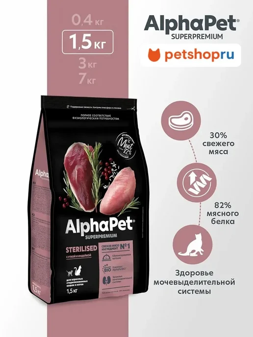 Сухой корм AlphaPet Кошек для собак, стерилизованные, индейка, утка, 1,5 кг