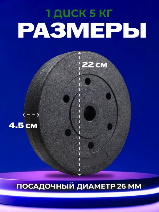 Atlas Sport Блины для штанги и гантелей по 5 кг 2 шт, 5 кг, 2 шт, фото 2