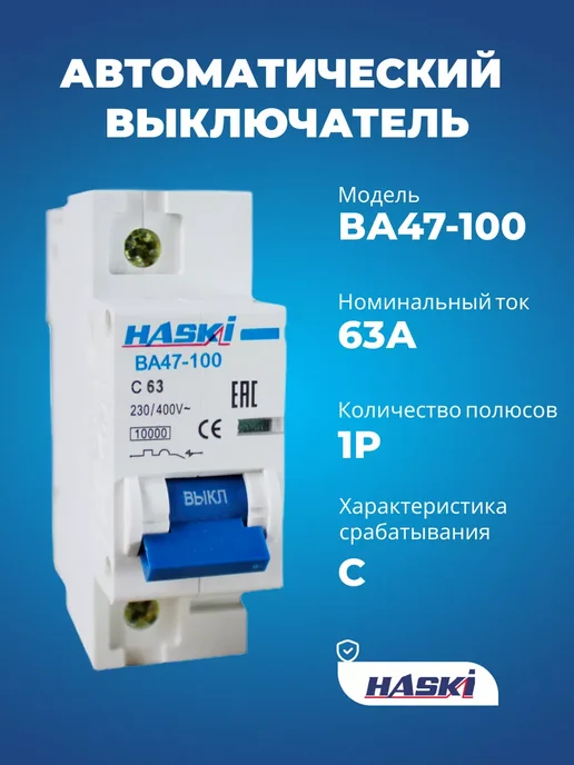 HASKI Выключатель автоматический ВА47-100 3Р 20А 10kA хар-ка C, серый