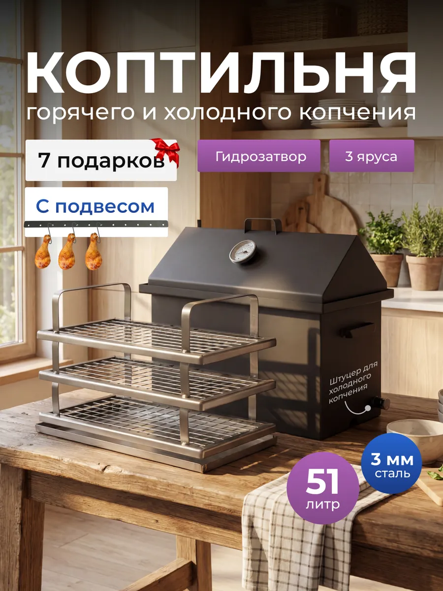 Коптильня 3-ярусная горячего и холодного копчения 3 мм