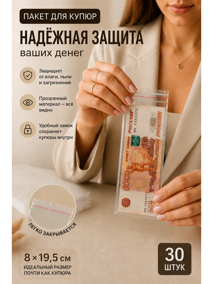 Пакеты для купюр с клеевым клапаном 8х19.5 30 шт