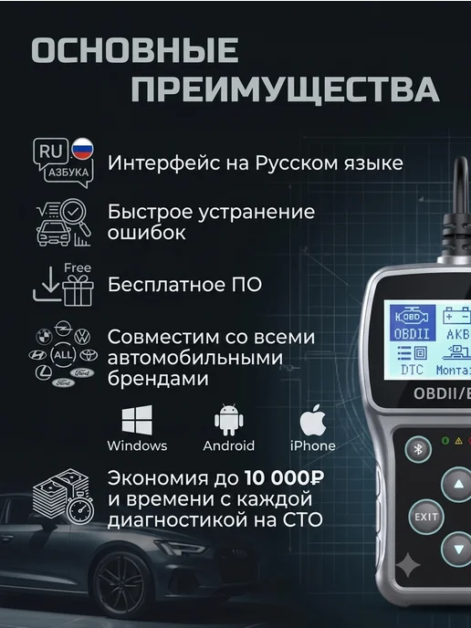 Carsnap Автосканер obd2, сканер автомобильный диагностический обд2, серый, фото 4