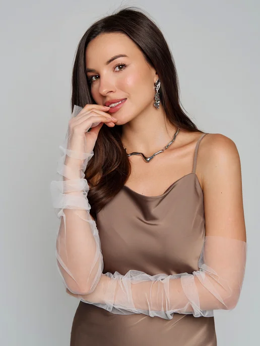 Lippa Перчатки без пальцев в сетку длинные, белый, фото 8