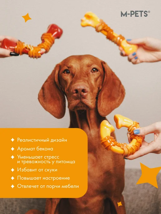 M-PETS Игрушка для собак Карнивор кость, вкус бекона, желтая, красный, фото 2