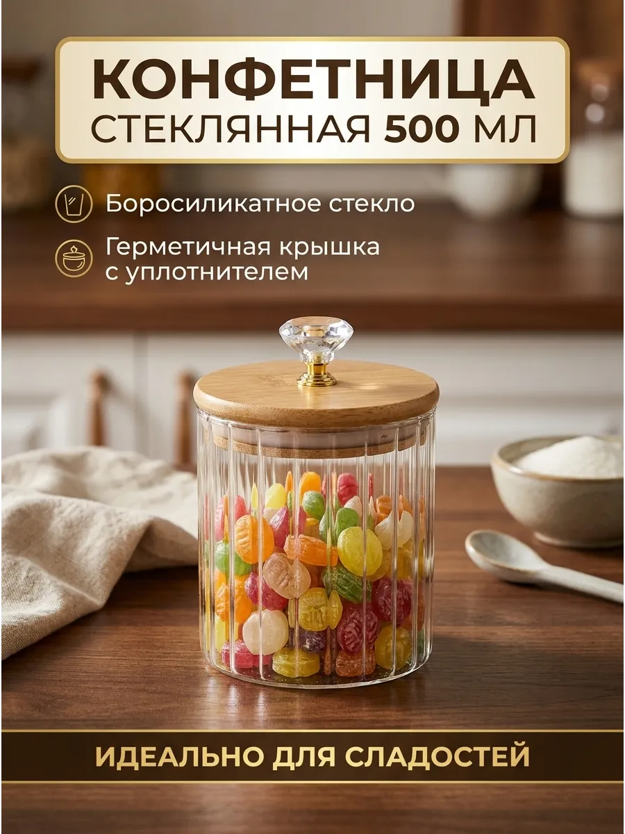 Банка для хранения конфетница с крышкой стеклянная 500 мл