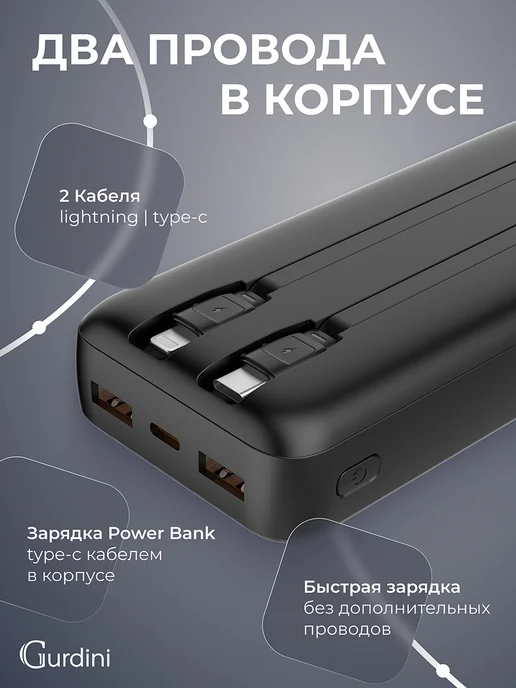 Gurdini Внешний аккумулятор 20000 мАч для телефона Power Bank, 20000 мАч, фото 2