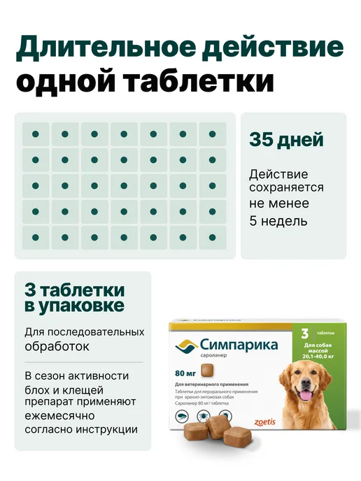 Zoetis Симпарика 3 табл. по 80мг от блох и клещей, от 20,1 до 40 кг, 40 кг, фото 4