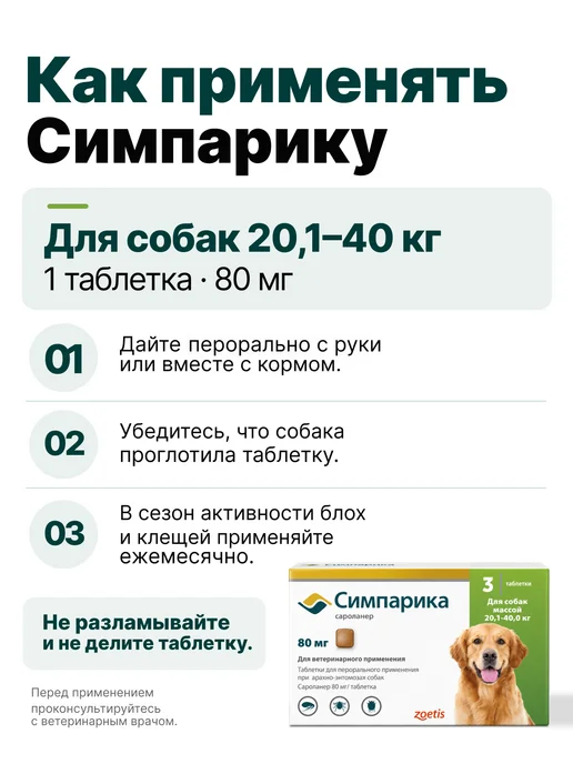 Zoetis Симпарика 3 табл. по 80мг от блох и клещей, от 20,1 до 40 кг, 40 кг, фото 5