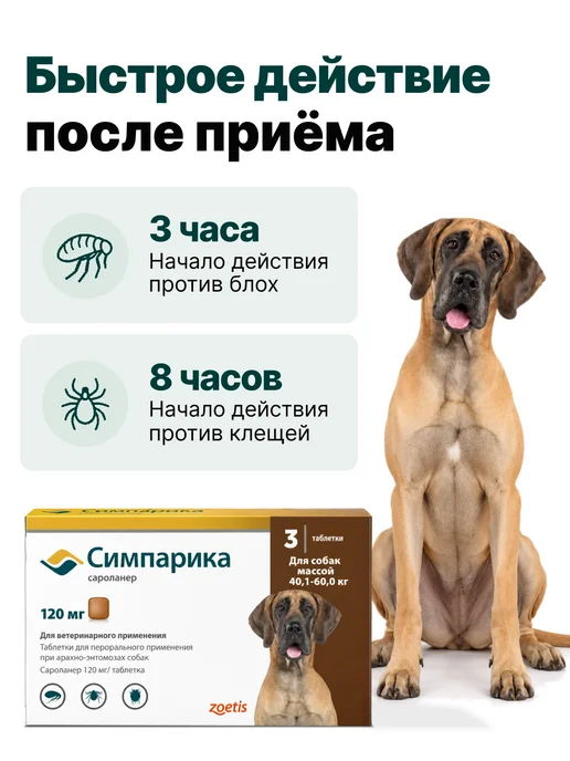 Zoetis Симпарика, 3 табл. по 40мг от блох и клещей, от 10,1-20 кг, 4060 кг, фото 3