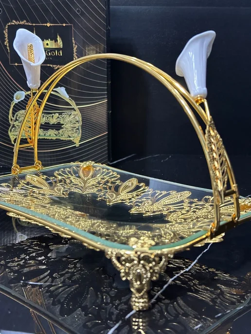 Dubai Gold Фруктовница металлическая со стеклянным блюдом с ручкой, золотой, фото 2