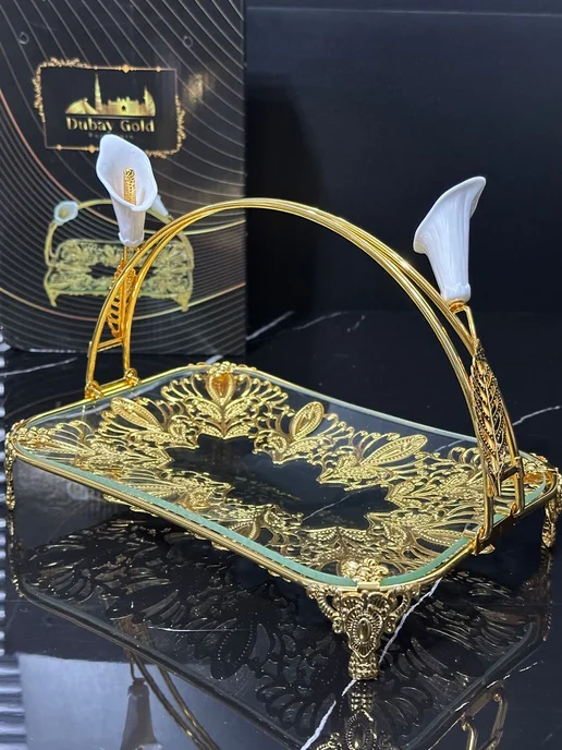 Dubai Gold Фруктовница металлическая со стеклянным блюдом с ручкой, золотой, фото 3