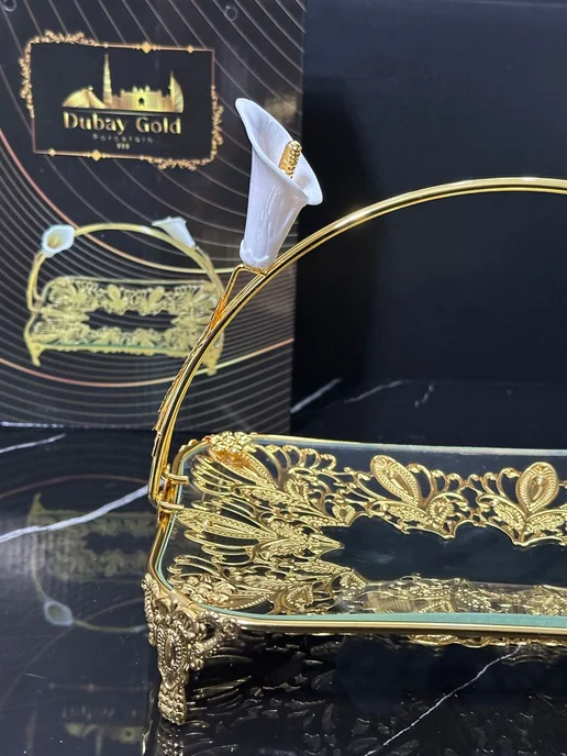 Dubai Gold Фруктовница металлическая со стеклянным блюдом с ручкой, золотой, фото 4