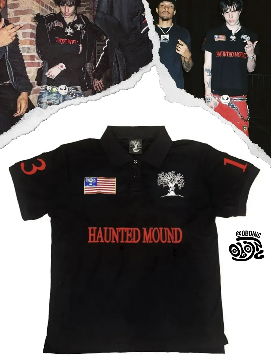 HAUNTED MOUND ポロシャツ swag Haunted Mound Vintage Blue Polo Shirt Y2K T Shirt Mens Hip Hop