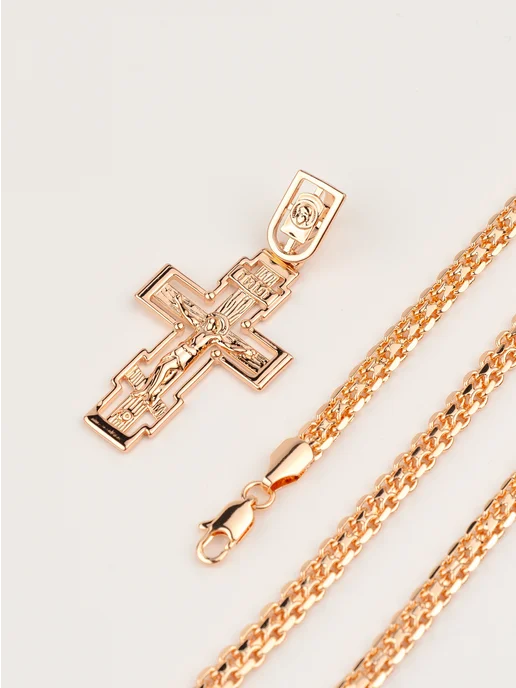 Jeweler Цепочка на шею стальная с крестом, желтый, фото 3
