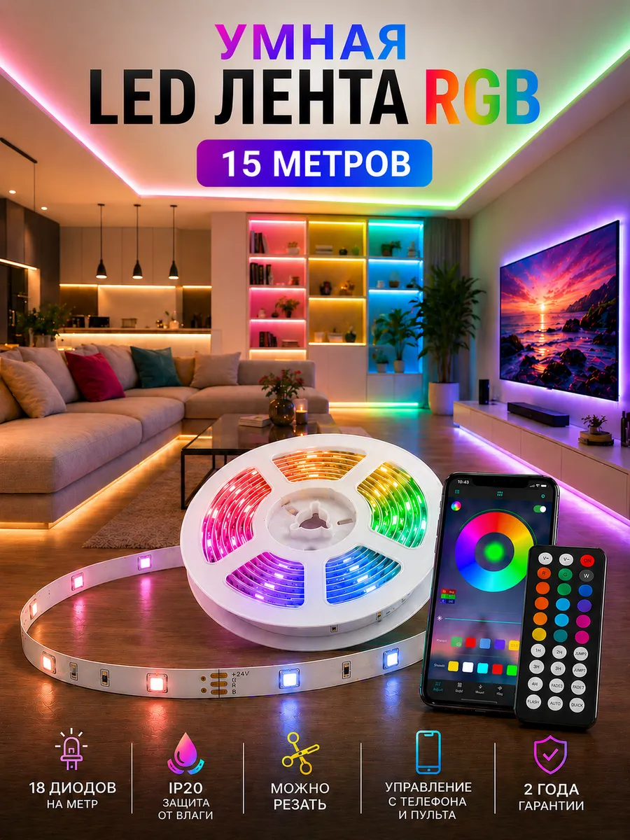 Светодиодная лента 15 метров с пультом RGB