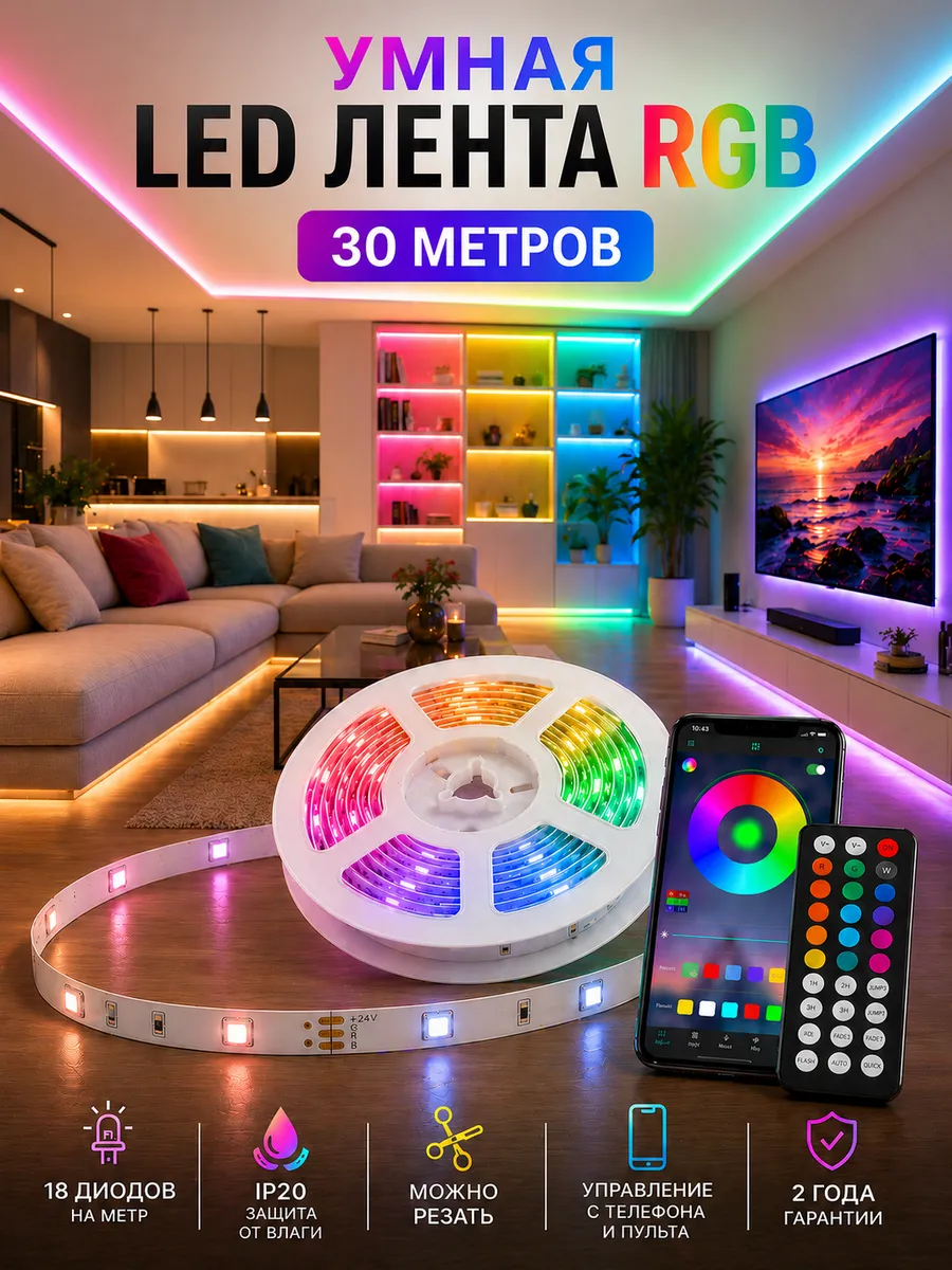 Светодиодная лента 30 метров с пультом RGB