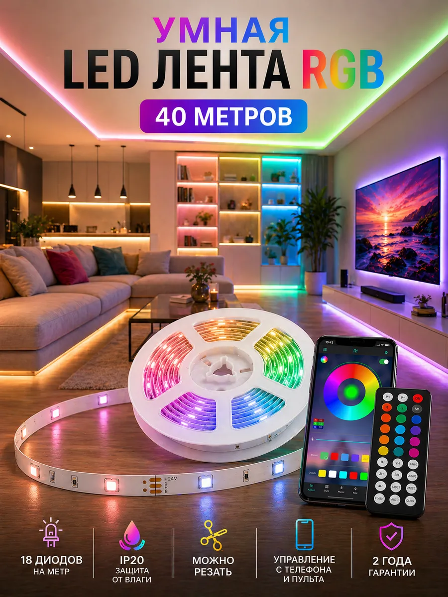 Светодиодная лента 40 метров с пультом RGB