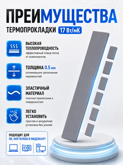 SDEV Термопрокладка для видеокарты 1,5мм, теплопроводность 17 Вт, 17 Вт, фото 5