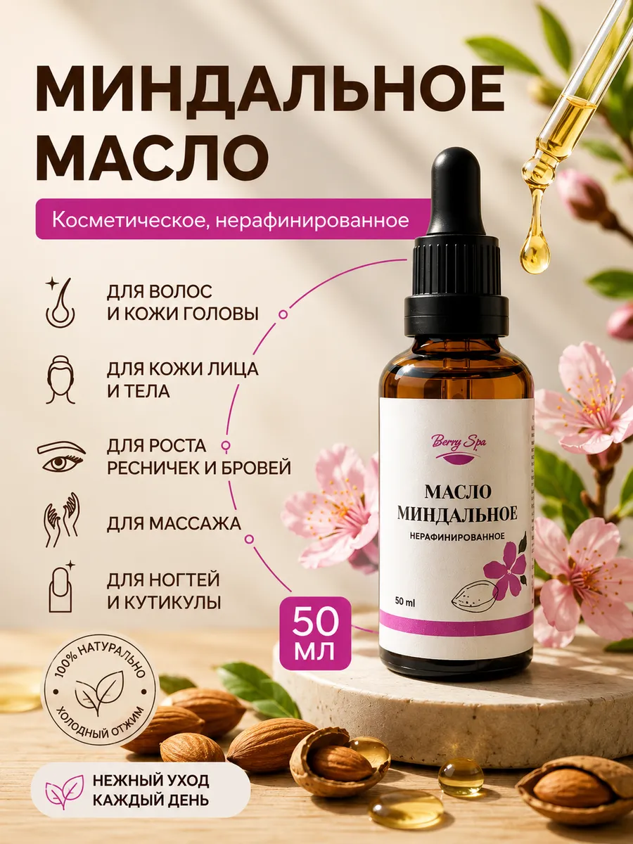 Миндальное масло для тела волос лица ногтей косметическое