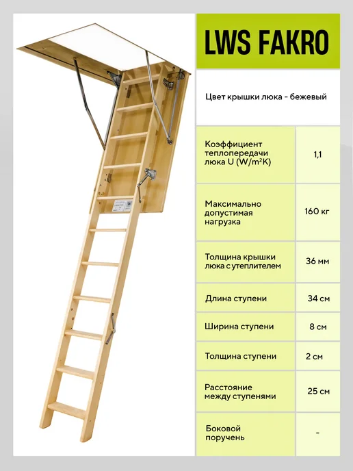 FAKRO Чердачная складная лестница 60х120х300 LWS деревянная, 120x300, фото 4