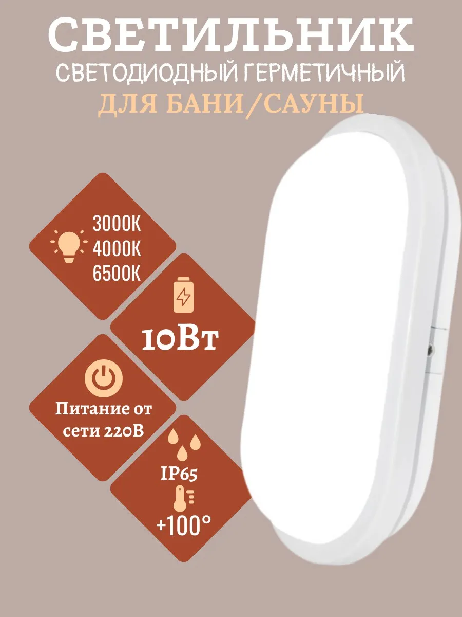 Светильник герметичный для бани и сауны 10Вт 3К 4К 6К