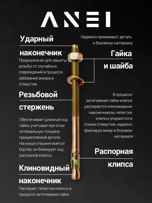 ANEI Анкер клиновый 20 х 300 6,7 кг, 10 шт, 20x300, 6,7 кг, фото 4