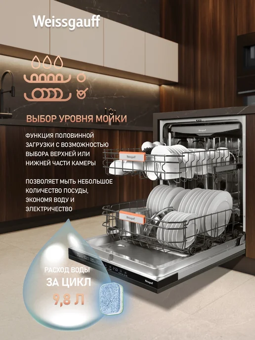 Weissgauff Посудомоечная машина Полноразмерная 60 см BDW 6038 D Inverter Autoopen   ИНВЕРТОР, ЛУЧ НА ПОЛУ, Авто-открывание, 14 комплектов, 8 программ, 3 корзины, Быстрый режим, Выбор уровня мойки, Дозагрузка посуды, Полная защита от протечек, серый, серый, встраиваемая, фото 6