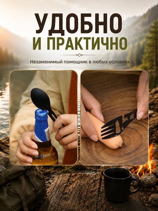 Мультитул вилка ложка походная, черный, фото 6