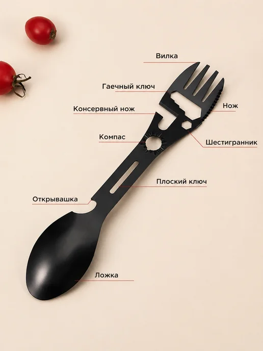 Мультитул вилка ложка походная, черный, фото 7