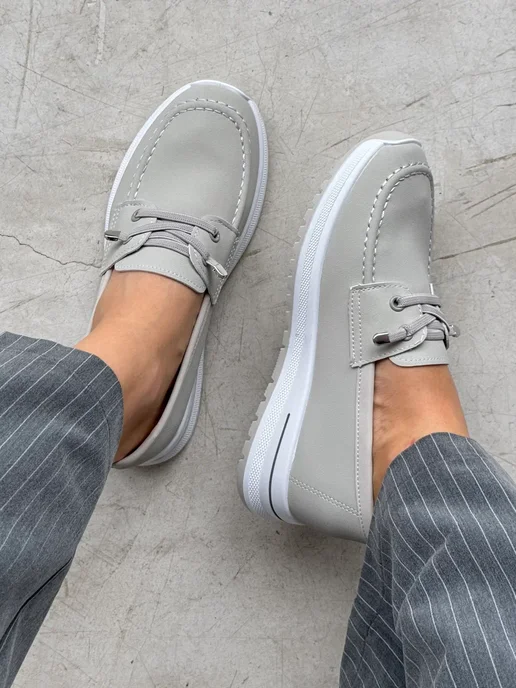 ZYT SHOES Мокасины летние легкие на широкую ногу мягкие на платформе, серый, фото 2