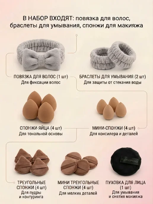 Набор для ухода лица спонжи для макияжа пуховки, коричневый, фото 2