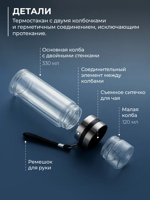 Unifico Термокружка заварочная с ситом 450 мл двойное стекло Vitale, 450 мл, фото 3