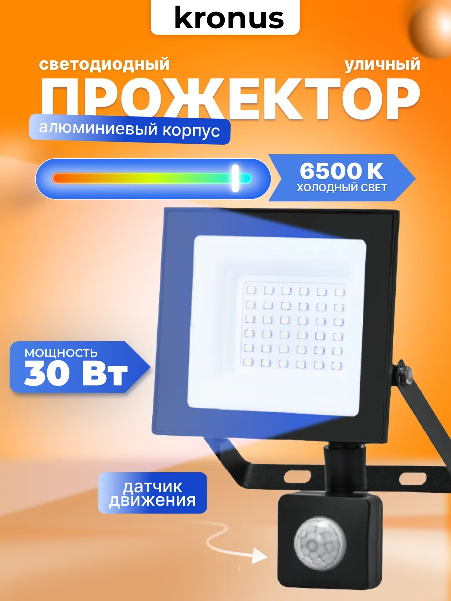 Прожектор светодиодный уличный 30Вт, 6500К, датчик движения