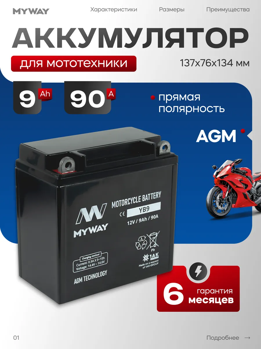 Аккумулятор для мотоцикла 12v 9ач AGM