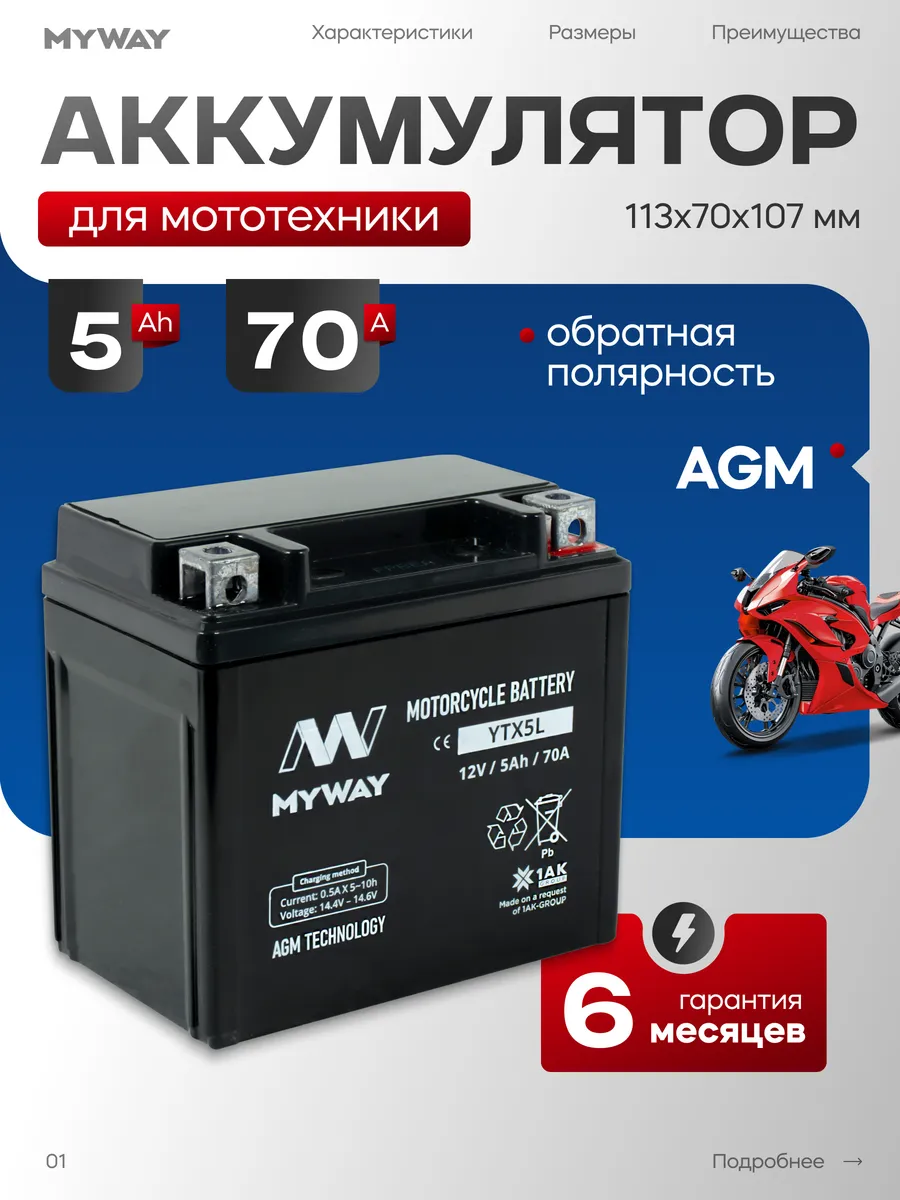 Аккумулятор для мотоцикла 12v 5ач AGM