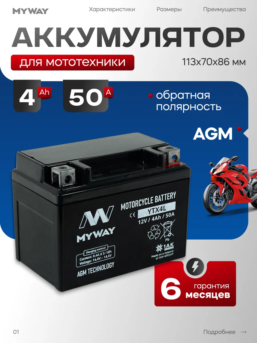 Аккумулятор для мотоцикла 12v 4 ач AGM