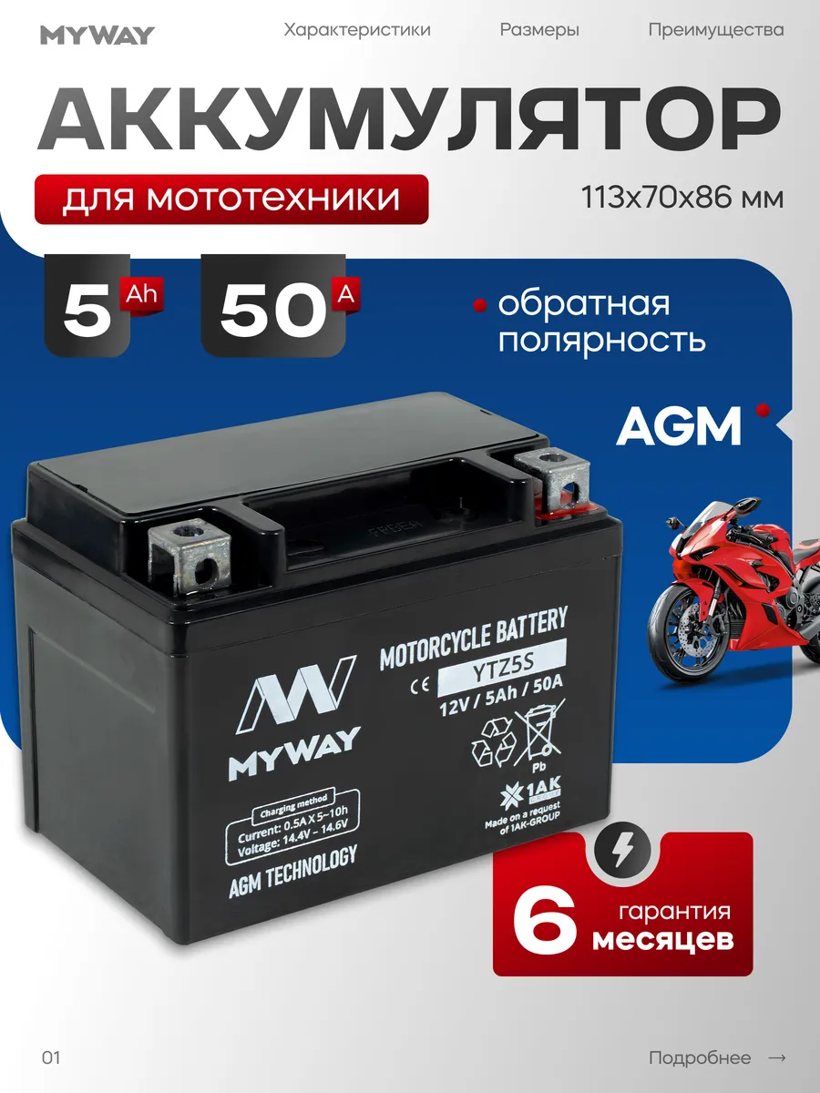 Аккумулятор для мотоцикла 12в 5 ач AGM