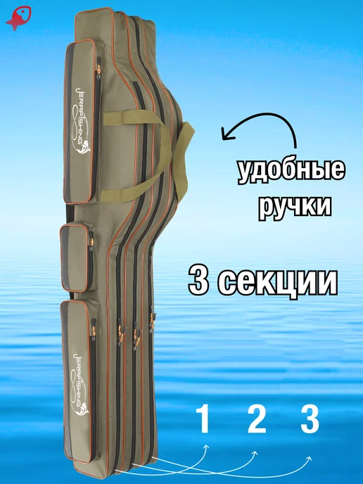 ЛОВИ РЫБУ Чехол для удочек 150 см с катушками 3 отдела полужесткий, зеленый, фото 3