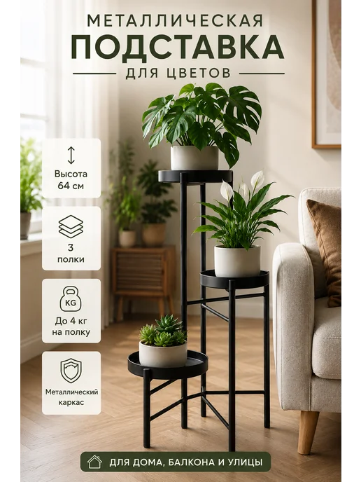 Garden Show Подставка под цветы Лайт, высота 64 см, 3 места, черный