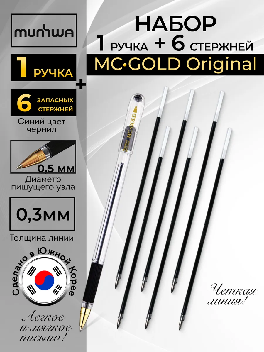 Ручки шариковые черные MC Gold 0.5мм набор 1шт +6шт стержней