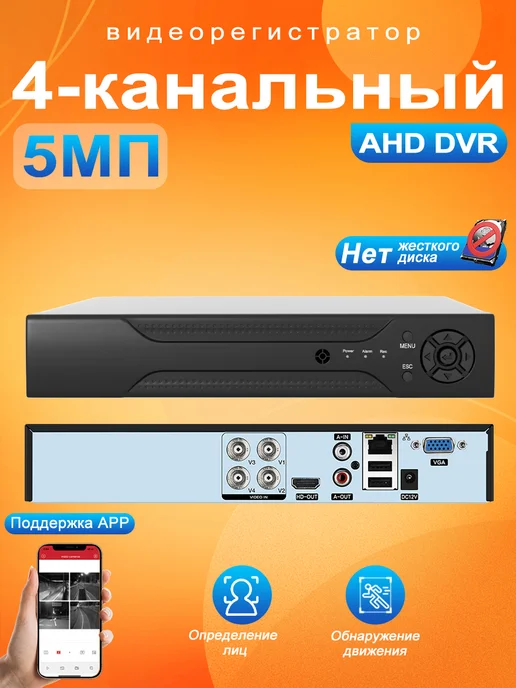 OnlyHD Видеорегистратор для видеонаблюдения 4 каналов 5МП без HDD, черный